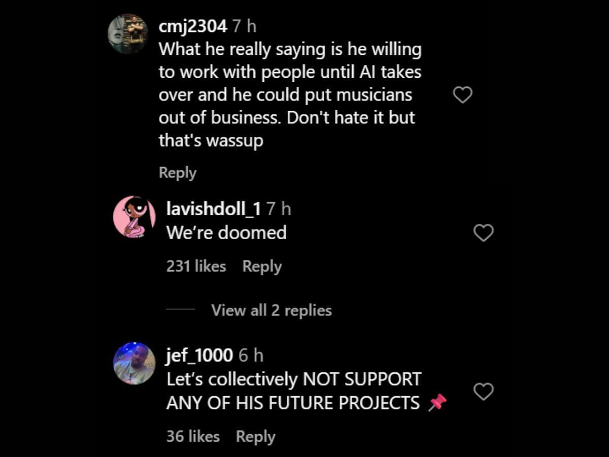 Netizens discuss the producer's AI artist. (Image via Instagram/@hollywoodunlocked)